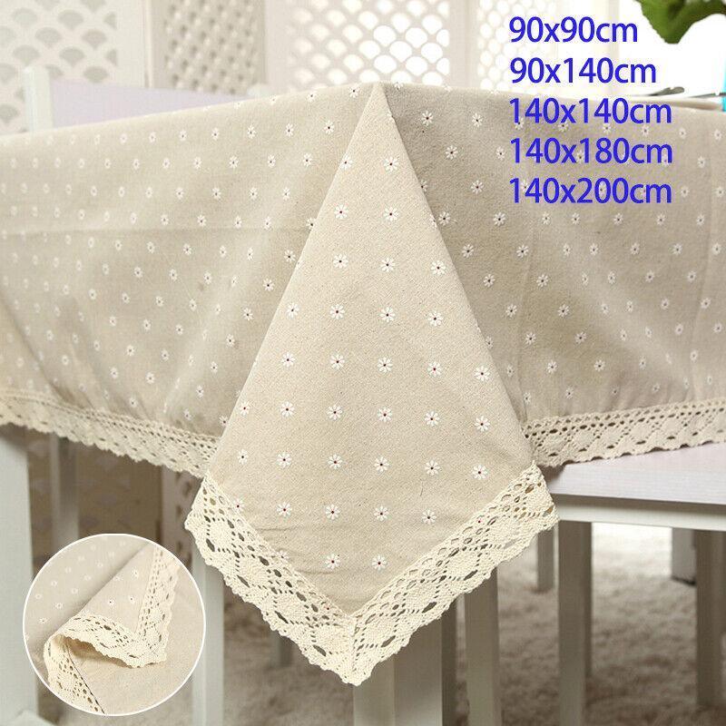 Floral Tablecloth with Lace Edge Cotton Linen Cover for Dining Table Square Rectangle-0