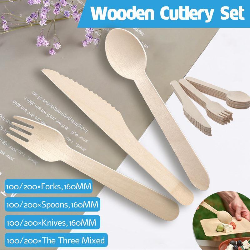 Wooden Cutlery Set Disposable Bamboo Wood Bulk Buy Forks Spoons Knives Party-0