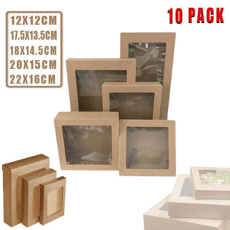 10 Pack Kraft Paper Boxes with Window Disposable Cardboard Gift Catering Trays-0