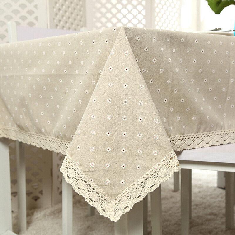 Floral Tablecloth with Lace Edge Cotton Linen Cover for Dining Table Square Rectangle-2